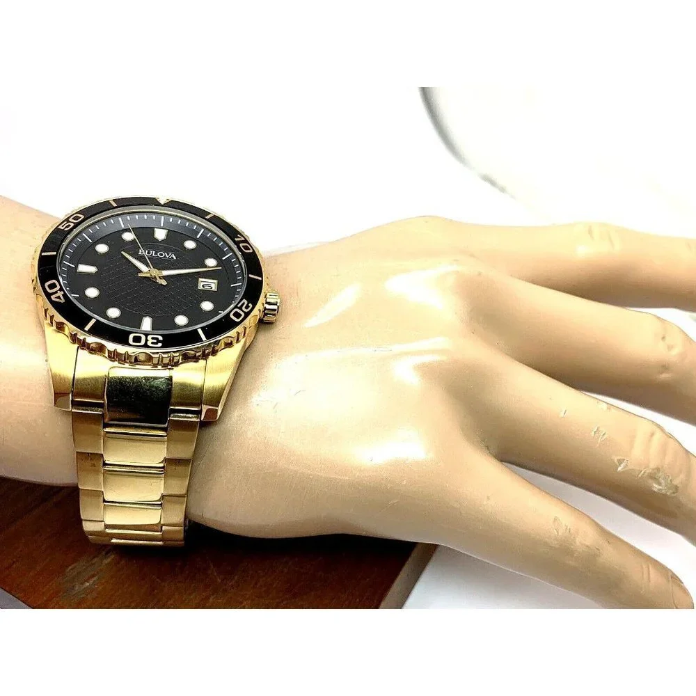 Bulova Men's Watch 98B375 Quartz Gold Black Dial Date Stainless Steel 43mm